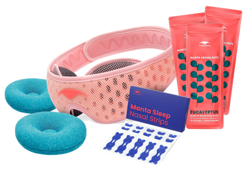 Manta Breathe Easy Bundle with pink PRO mask, blue COOL eye cups, eucalyptus aroma packets, and nasal strips.